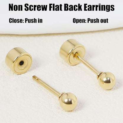 Sweetkiki Threadless Flat Back Earrings, 14K Gold Plated Ball Stud Earrings Hypoallergenic | Cartilage Earring | Helix Piercing Jewelry | Tragus Piercing Jewelry | Push in Flatback Earrings for Women Men - color: 14K Gold, size: 3 Millimeters
