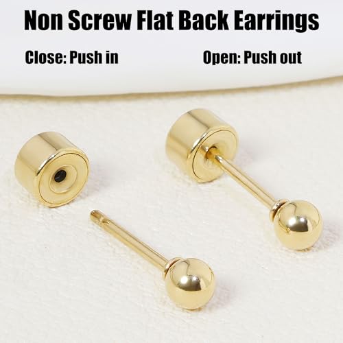Sweetkiki Threadless Flat Back Earrings, 14K Gold Plated Ball Stud Earrings Hypoallergenic | Cartilage Earring | Helix Piercing Jewelry | Tragus Piercing Jewelry | Push in Flatback Earrings for Women Men - color: 14K Gold, size: 3 Millimeters