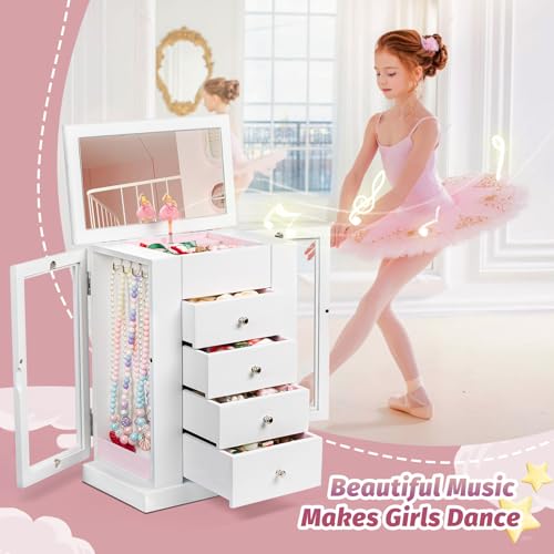 Emfogo Jewelry Box for Girls, Musical Jewelry Box with Spinning Dancer Gifts for Little Girls Christmas New Year Birthday Children's Day, 5 Layer Large Wooden Kids Music Jewelry Organizer Box(White) - color: White