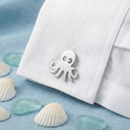 Men’s Octopus Cufflinks – Stainless Steel Ocean-Themed Cuff Links with Gift Box & Polishing Cloth – Available in Silver & Gold - color: steel
