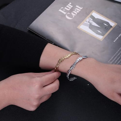 Womens Cuff Bracelets Heart Open Bangle Jewelry - color: Leaf Silver