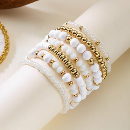 7/12Pcs Set Bohemian Stackable Crystal Seed Beaded Elastic Stretch Bracelet Multilayerd Handmade Brass Bead for Women Jewelry Surfer Heishi Polymer Clay Layering - color: white