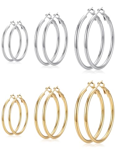 4/5/6 Pairs Gold Hoop Earrings for Women, Hypoallergenic Silver Gold Plated Stainless Steel Huggie Hoop Earrings Set Trendy Jewelry Gifts Lightweight 30/40/50/60/70MM - color: 6 Pairs gold silver Plated Hoop Earrings
