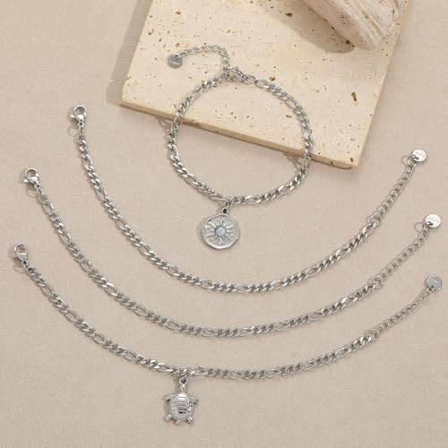 10 PCS Bracelets for Women Stainless Steel Chain Link Bracelet Set | 6.7 Inches with Extender, Jewelry Gifts for DIY, Chains Bulk, Oval, Curb, Figaro Chains, 18K Gold Plated, Silver, Chunky - color: Figaro Silver