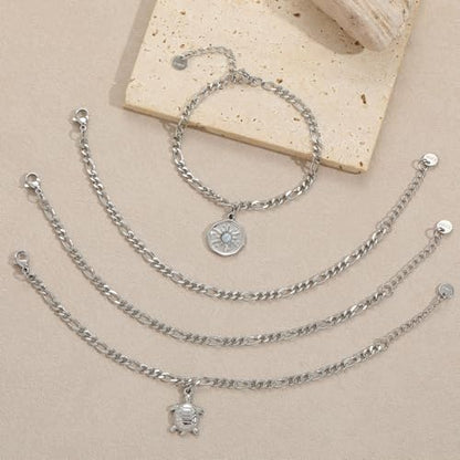 10 PCS Bracelets for Women Stainless Steel Chain Link Bracelet Set | 6.7 Inches with Extender, Jewelry Gifts for DIY, Chains Bulk, Oval, Curb, Figaro Chains, 18K Gold Plated, Silver, Chunky - color: Figaro Silver