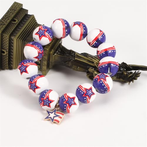 Independence Day Wooden Beaded Bracelet for Women American Flag Red White Blue Beads Stretch Bracelet with Star Heart Charms 4th of July Jewelry - color: Star