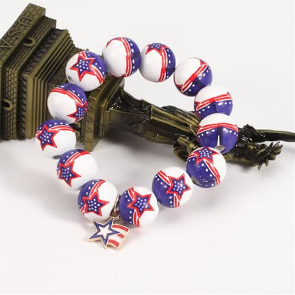 Independence Day Wooden Beaded Bracelet for Women American Flag Red White Blue Beads Stretch Bracelet with Star Heart Charms 4th of July Jewelry - color: Star