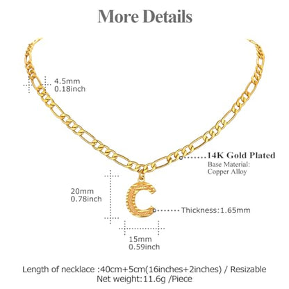 14K Gold Plated Initial Necklaces for Women Men A-Z Letter Necklaces | Figaro Chain, 16"+2" Adjustable Length, with Gift Box - style: C