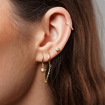 Dainty Star Burst Tassel Dangle Hoop Earring Cubic Zirconia Crystal Cartilage Climber Hugggie Hoops Earring Stars Drop Long Chain Crawler Wrap Cuffs Fashion Jewelry Gifts for Women Daughter