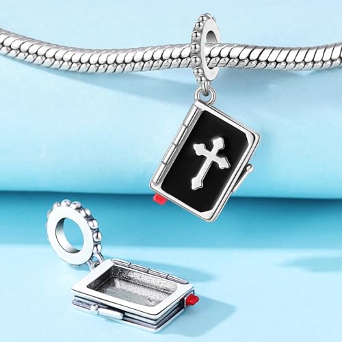 925 Sterling Silver Charms for Bracelets and Necklace Religious Cross Pendants Praying Hands, Bible, Virgin Mary, Jesus, Church Bead Jewelry - color: Holy Book Charms