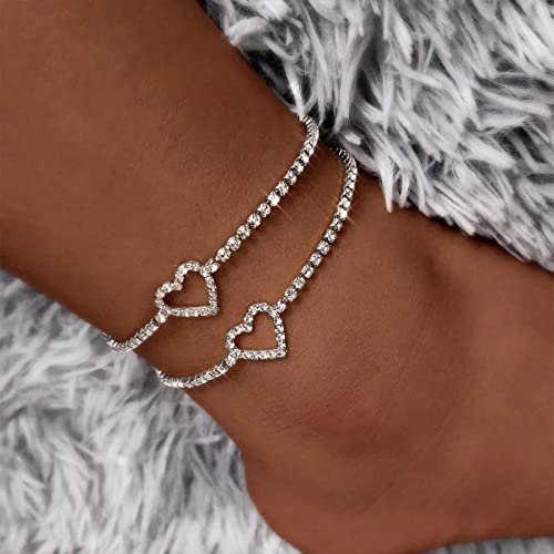 Fesciory Heart Rhinestone Ankle Bracelets for Women, Adjustable Silver Plated Shiny Tennis Anklets, Twinkle Cubic Zircon Imitation Diamond Anklet Foot Chain Jewelry Gifts - color: Hollow Heart1