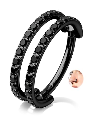 Nose Ring Hoop, 316L Stainless Steel Double Nose Rings, 20G Nose Piercing Jewelry for Women, Clear CZ Helix Cartilage Septum Nose Hoops - color: Black-8mm