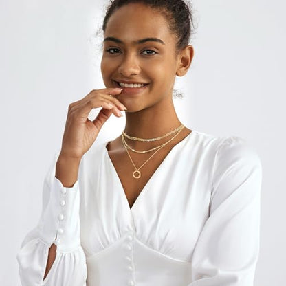 Airmb Gold Layered Necklaces for Women 14k Gold Plated Dainty Stackable Choker Necklaces for Women Trendy Layering Chain Cute Pendant Necklace Set Gold Jewelry for Women - color: Gold-Circle Pendant-Mariner Chain