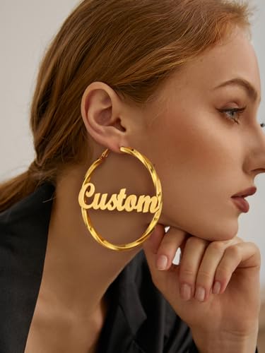 FindChic Twisted Hoop Earrings for Women, Silver/Black/14K Gold Plated Hypoallergenic Hollow Tube Rounded Loop Earrings, 30mm/40mm/60mm/80mm Hoops with Custom Name Options and Gift Box - color: f.Gold (Custom Name), size: 80MM