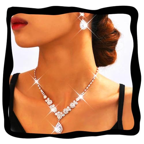 Unicra Bride Silver Bridal Necklace Earrings Set Crystal Bridal Wedding Jewelry Set Rhinestone Choker Necklace for Women and Brides - color: Rose Gold