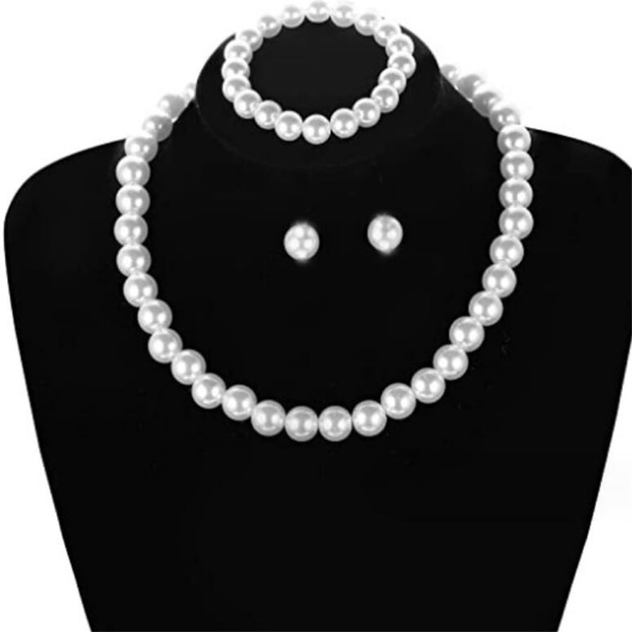 CSIYANJRY99 Pearl Necklace and Earring Set Faux Pearl Jewelry Sets for Women Imitation Beaded Pearl Necklace Bracelet Stud Earrings for Women - color: White Pearl
