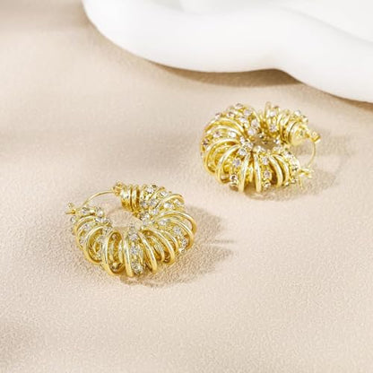 Statement Earrings for Women | Chunky Gold Hoops Rhinestone Thick Hoop Earrings 14K Gold Plated Hypoallergenic - color: Gold-White