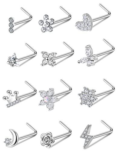 Akeoqi 12Pcs Nose Rings Stud L Shape Nose Rings Cubic Zirconia Butterfly Flower Eye Moon Crown Heart Lightning Shape Nose Studs Piercing Jewelry for Women Men Silver Gold Plated 20G - style: A:Crown