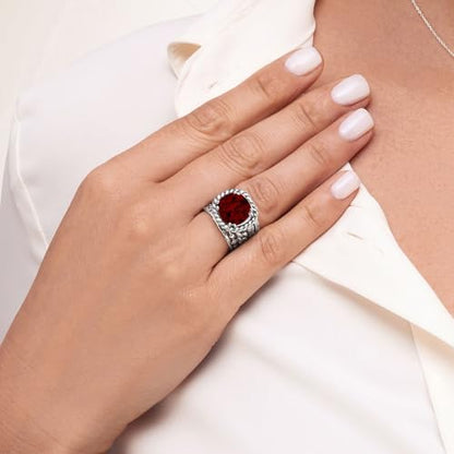 JEAN RACHEL JEWELRY 925 Sterling Silver Braid Leaf Cushion Ring | Ornate statement ring beautifully adorned with sculpted leaf motifs, twisted rope braids, and a CZ center stone. - color: Garnet CZ