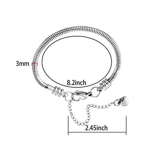 KunBead Heart Lobster Clasp Snake Chain Charm Adjustable Bracelets Compatible with Pandora Charms for Jewelry Making