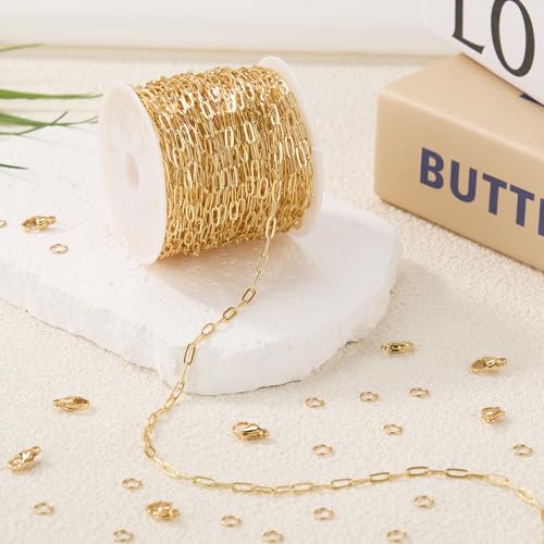 GTVOODX 33 Feet Gold Paperclip Necklace Chains Bulk for Jewelry Making | Oval Soldered Stainless Steel Necklace Bulk Chain Roll Spool for DIY Bracelet Craft Supplies with Lobster Clasps Jump Rings - color: Gold Thin Paperclip Chains