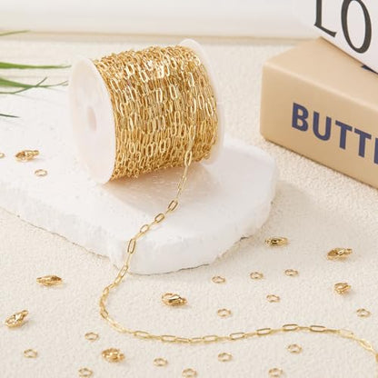 GTVOODX 33 Feet Gold Paperclip Necklace Chains Bulk for Jewelry Making | Oval Soldered Stainless Steel Necklace Bulk Chain Roll Spool for DIY Bracelet Craft Supplies with Lobster Clasps Jump Rings - color: Gold Thin Paperclip Chains