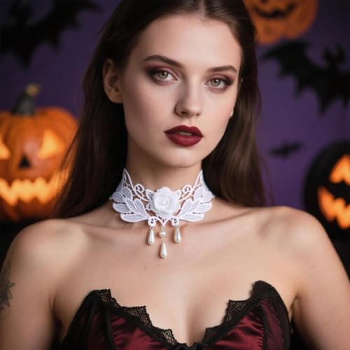 Goth Black Choker Necklace Crystal Bead Pendant Necklace for Women Gothic Velvet Lace Choker Halloween Vampire Witch Cosplay - color: F-White