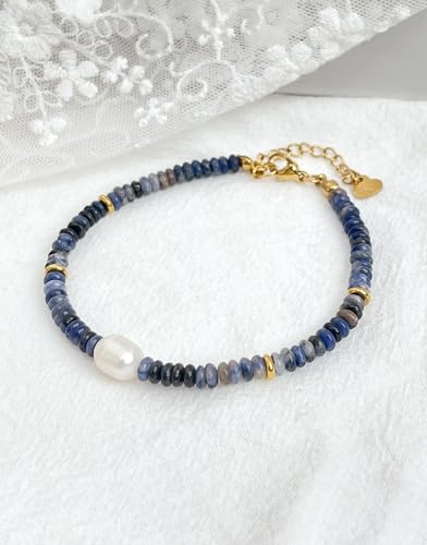 Gemstone Beaded Bracelets with Freshwater Pearl | Crystal Beaded Bracelet Boho Natural Stone Trendy Jewelry Gifts - color: Blue