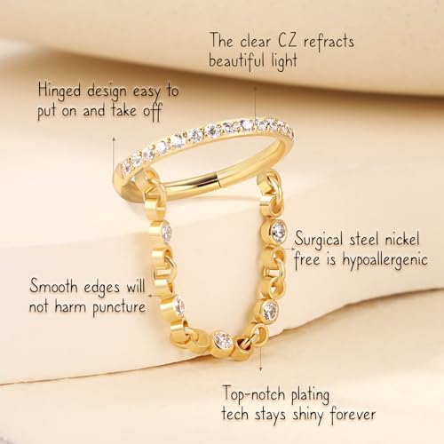 AROWRO Chain Septum Rings 316L Surgical Steel Septum Clicker Daith Piercing Jewelry Dangle Nose Rings for Women 16G 8/10mm Conch Cartilage Hoop Seamless Hinged Septum Jewelry with Clear CZ/Opal - color: Style-3-Gold chain&Clear CZ, size: 16G-8mm