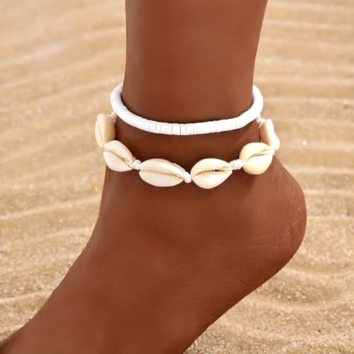 Qceasiy Shell Ankle Bracelets for Women, Boho Beaded Beach Anklet Set | Seashell, Heart, Starfish and Conch Styles, Gold-Tone, Stretch or Adjustable Fit, Layered Beach Vacation Jewelry Gifts - color: White 5