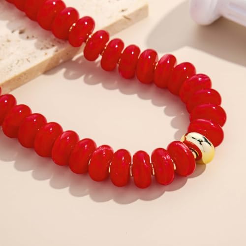 Chunky Beaded Necklace for Women Boho Statement Bead Necklace Adjustable Choker with Polished Disc/Square Beads Trendy Summer Beach Jewelry Gifts - color: Red