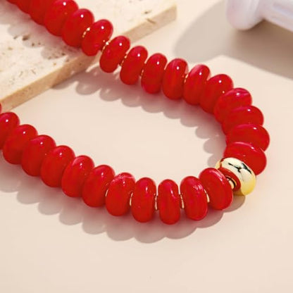 Chunky Beaded Necklace for Women Boho Statement Bead Necklace Adjustable Choker with Polished Disc/Square Beads Trendy Summer Beach Jewelry Gifts - color: Red