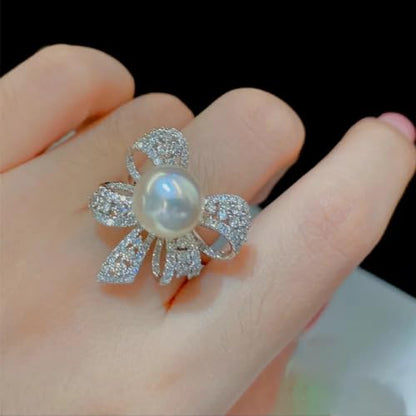Elegant Bow Knot Pearl Rings for Women Rhinestone Cz Crystal Butterfly Tie Stacking Promise Bow Knot Pearl Rings Adjustable Open Promise Engagement Rings Anniversary Wedding Band Jewelry s