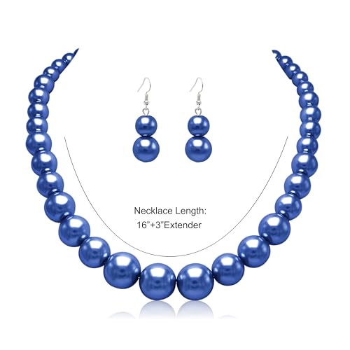 Cryshimmer Pearl Choker Necklace for Women Faux Pearl Beads Strand Necklace Earring Set Costume Jewelry,Gift for Wife Mother - color: Dark Blue