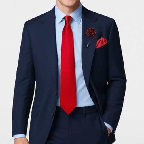 Solid Color Tie and Pocket Square with Tie Clip Lapel Pin Silk Formal Necktie Set Wedding Formal - color: Red