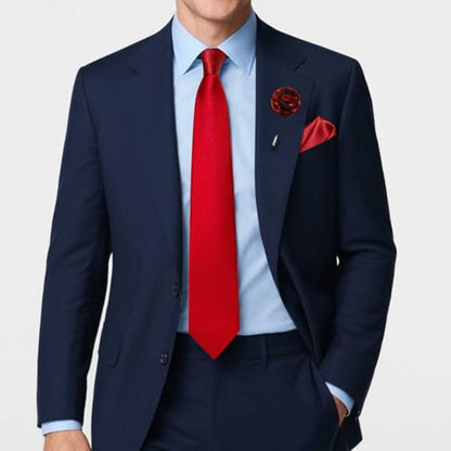 Solid Color Tie and Pocket Square with Tie Clip Lapel Pin Silk Formal Necktie Set Wedding Formal - color: Red