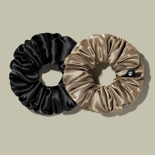 LILYSILK Silk Hair Scrunchies/Ties for Frizz & Breakage Prevention, 100% Mulberry, No Damage, Elastic ponytail Holders, 2Pc, Black&Light Coffee - color: Black+Light Coffee