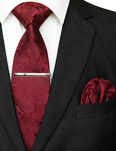 JEMYGINS Mens Solid Color Paisley Necktie and Pocket Square with Tie Clip Sets - color: Burgundy2
