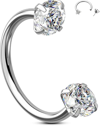 OUFER 2PCS 316L Surgical Steel Horseshoe Nose Rings Hoops, 20G Push Pin Threadless Nose Rings For Women Men, Double Crystal Horseshoe Septum Lip Eyebrow Helix Daith Ear Piercing Jewelry-7mm and 8mm - color: Silver, Clear CZ