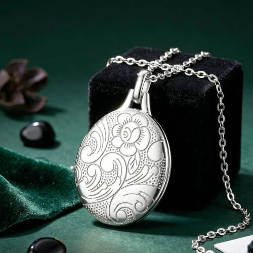 YOUFENG Love Heart Locket 14K Gold-Filled Oval Circle Rectangle Lockets that Hold Pictures Floral Patterns Necklace for Women - style: Silver Oval