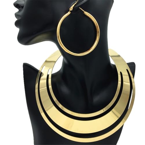 Chunky Gold Necklace Big Statement Chunky Necklace for Women African Tribe Wide Metal Choker Necklaces Jewelry - color: 06 Jewelry Set Gold