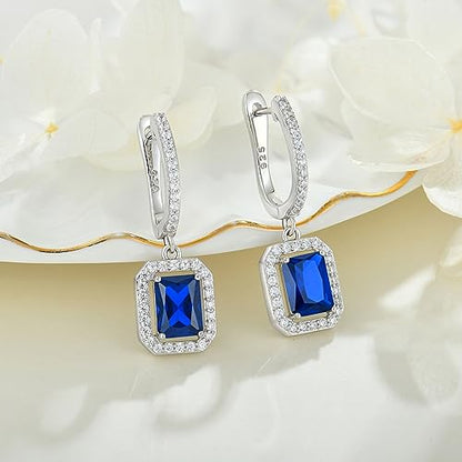 Women's Solitaire Dangle Drop Earrings 925 Sterling Silver Pure Square Huggie Earrings Hoop Dangle Drop Earrings Jewelry Gift - color: 09-sapphire-Sept