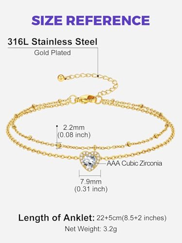 Richsteel Double Layer Heart/Butterfly Birthstone Anklet for Women | Non Tarnish Waterproof, Silver/Gold/Black Stainless Steel 8.5-10.5 Inch Adjustable Chain Anklets Summer Beach Foot Jewelry - color: Gold Heart-04 Apr.(Diamond)