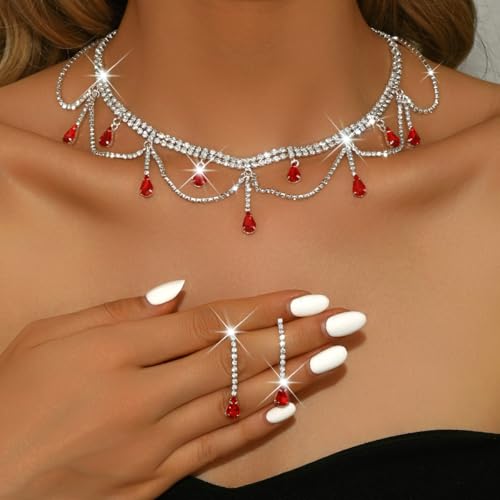 Rhinestones Necklace Earrings Set for Women Water Droplet Necklace Earrings Set Double Layer Gemstone Choker and Drop Earrings Cubic Zirconia Bridal Earrings Necklace Set Crystal Wedding Jewelry Sets - color: red