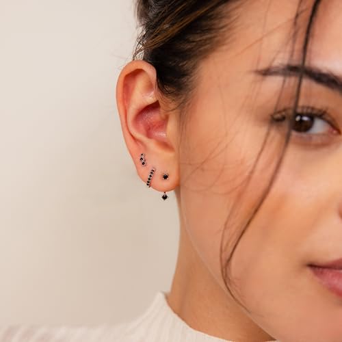 3 Pairs Huggie Hoop Earring Set 18K Gold Plated Cubic Zirconia Cartilage Earrings, Multi Piercings Ear Jacket Earring Climber Stud Earring for Women Everyday Earrings - color: Silver Black Cubic Zirconia Hoop