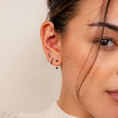 3 Pairs Huggie Hoop Earring Set 18K Gold Plated Cubic Zirconia Cartilage Earrings, Multi Piercings Ear Jacket Earring Climber Stud Earring for Women Everyday Earrings - color: Silver Black Cubic Zirconia Hoop