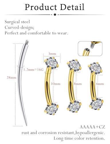 Oufksiyy 18G 16G Internal Thread Eyebrow & Rook Piercing Jewelry Surgical Steel Double Gem Eyebrow Piercings Rings Gold Silver Curved Barbell Eyebrow Ring Vertical Labret Lip Jewelry 6m 8mm 10mm - color: Gold: 16G curved barbell