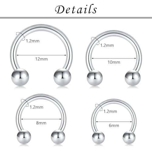 16G Hinged Clicker Segment Septum Rings Stainless Steel Nose Horseshoe Hoop Eyebrow Lip Cartilage Helix Tragus Earrings Piercing Jewelry 6/8/10/12mm Replacement Balls 3mm - color: Black