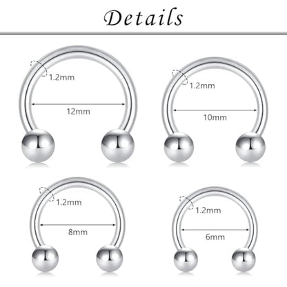 16G Hinged Clicker Segment Septum Rings Stainless Steel Nose Horseshoe Hoop Eyebrow Lip Cartilage Helix Tragus Earrings Piercing Jewelry 6/8/10/12mm Replacement Balls 3mm - color: Black