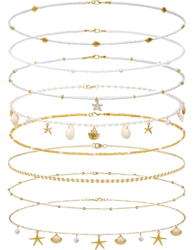 Gold Starfish Waist Chain for Women 18k Gold Plated Belly Chain Belt Layered Seashell Pearl Conch Beads Sequin Satellite Body Chains Sexy Bikini Summer Vacation Beach Jewelry Adjustable - color: 8 Pcs Gold